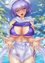 Rule 34 | 1girl, apron, blue sky, breasts, cleavage, cloud, commentary request, cowboy shot, flake-shaped pupils, highres, lapel pin, large breasts, letty whiterock, looking at viewer, open mouth, outdoors, purple eyes, purple hair, scarf, shounen (hogehoge), sky, solo, teeth, touhou, upper teeth only, waist apron, wet, white apron, white scarf