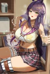 Rule 34 | 1girl, absurdres, azuki (azuki azukki), bandaged leg, bandages, bare arms, bare shoulders, belt, black skirt, blurry, blurry background, blush, breasts, brown belt, chest sarashi, cleavage, commentary request, crop top, cup, drinking glass, highres, holding, holding cup, indoors, large breasts, long hair, looking at viewer, midriff, miniskirt, narita brian (umamusume), open mouth, plaid, plaid skirt, purple hair, sarashi, sidelocks, sitting, skirt, solo, star (symbol), star print, stomach, thighs, umamusume, yellow eyes