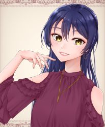 Rule 34 | 1girl, artist name, artist request, bare shoulders, blue hair, blush, breasts, dress, earrings, female focus, hair between eyes, highres, jewelry, long hair, looking at viewer, love live!, love live! school idol project, medium breasts, miwo classic, nail, nail polish, necklace, parted lips, purple dress, smile, solo, sonoda umi, upper body, white nails, yellow eyes