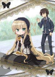 Rule 34 | 1boy, 1girl, :t, blonde hair, blunt bangs, blush, bonnet, brown hair, bug, butterfly, checkered floor, collared jacket, cookie, doily, dress, eating, floor, food, food request, gosick, green eyes, hairband, insect, jacket, kujou kazuya, lace background, lolita fashion, long hair, necktie, ootaka narumi, pout, seiza, sitting, very long hair, victorica de blois, wavy hair