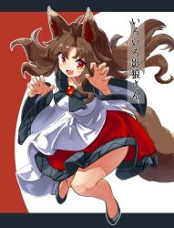 Rule 34 | 1girl, animal ears, bare legs, black dress, black footwear, brooch, brown hair, claw pose, commentary request, dress, fingernails, imaizumi kagerou, jewelry, long hair, long sleeves, multicolored clothes, multicolored dress, red dress, red eyes, solo, tail, touhou, translation request, uisu (noguchipint), white dress, wide sleeves, wolf ears, wolf girl, wolf tail