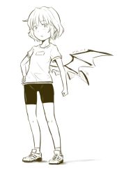 Rule 34 | 1girl, bike shorts, contemporary, dated, full body, gym uniform, kawashina (momen silicon), looking at viewer, monochrome, remilia scarlet, shirt, short hair, shorts, simple background, solo, standing, t-shirt, touhou, white background, wings