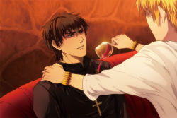 Rule 34 | 2boys, alcohol, blonde hair, bracelet, brown eyes, brown hair, couch, cross, cup, drinking glass, fate/zero, fate (series), gilgamesh (fate), jewelry, kotomine kirei, male focus, multiple boys, necklace, niniright, wine, wine glass