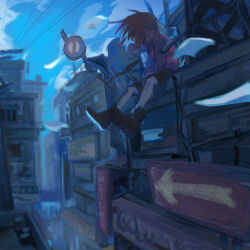 Rule 34 | 1other, androgynous, ankle boots, artist name, black footwear, black shorts, blue sky, boots, brown hair, building, child, chinese commentary, city, cloud, commentary request, covered face, day, frisk (undertale), from side, heichiyo, long sleeves, other focus, outdoors, power lines, purple sweater, railing, scenery, short hair, shorts, sign, sitting, sky, solo, sweater, undertale, wide shot