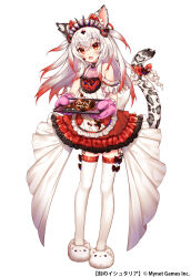 Rule 34 | 1girl, :3, age of ishtaria, animal ear fluff, animal ears, animal hands, bare shoulders, bestia (age of ishtaria), blush, chocolate, copyright name, copyright notice, dress, fang, food, frills, full body, gloves, grey hair, hair ornament, hair ribbon, highres, holding, holding tray, leopard ears, leopard tail, long hair, multicolored hair, munlu (wolupus), paw gloves, red eyes, red hair, red ribbon, ribbon, simple background, sleeveless, sleeveless dress, solo, tail, tail ornament, thighhighs, tiara, tray, two-tone hair, two side up, white background, white thighhighs