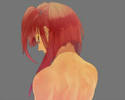 Rule 34 | 1girl, back, back focus, bare back, bruise, grey background, injury, magi the labyrinth of magic, morgiana, red eyes, red hair, scar, side ponytail, simple background, solo, tada-dadada