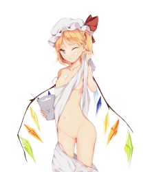 Rule 34 | 1girl, blonde hair, camisole, clothes pull, cowboy shot, flandre scarlet, flat chest, food, food on body, food on face, hat, highres, looking at viewer, medium hair, muyue, navel, nipples, one side up, pussy, red eyes, shirt, shorts, shorts pull, simple background, solo, touhou, uncensored, white background, white hat, white shirt, white shorts, wings