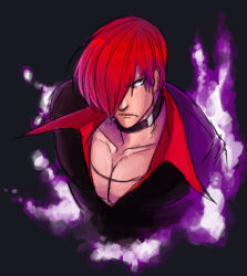 Rule 34 | 1boy, choker, fire, food fighter 441, hair over one eye, pectoral cleavage, male focus, pectorals, purple fire, red eyes, red hair, short hair, snk, solo, the king of fighters, upper body, yagami iori
