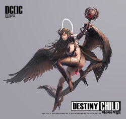 Rule 34 | 1girl, absurdres, artist request, black hair, black socks, black wings, breasts, caduceus (destiny child), copyright name, destiny child, earrings, feathered wings, floating hair, from side, full body, glint, grey background, halo, high heels, highres, holding, holding staff, jewelry, kneehighs, large breasts, long hair, revealing clothes, simple background, single kneehigh, single sock, single thighhigh, socks, solo, staff, tassel, thighhighs, thighs, toeless legwear, toes, wings