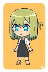 Rule 34 | 1girl, black dress, blue eyes, blush stickers, breasts, brown footwear, chibi, closed mouth, commentary request, cropped jacket, dress, full body, green hair, high heels, highres, jacket, muu (mumumer), one side up, orange background, original, shoes, short sleeves, small breasts, smile, solo, standing, two-tone background, white background, white jacket, yunomiya agari