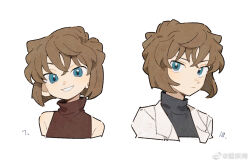 Rule 34 | 1girl, age progression, bare shoulders, before and after, blue eyes, brown hair, child, cropped torso, haibara ai, hair between eyes, head tilt, lab coat, looking at viewer, meitantei conan, minamip, short hair, sideways glance, smile, smug, spoilers