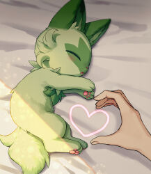 Rule 34 | 1other, animal focus, bed sheet, closed eyes, commentary request, creatures (company), fingernails, game freak, green fur, heart, heart hands, heart hands duo, highres, indoors, kaminokefusa, light particles, nintendo, pawpads, pokemon, pokemon (creature), pov, pov hands, sleeping, sprigatito, sunlight