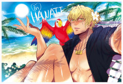 Rule 34 | 10s, 1boy, alternate hairstyle, bad id, bad pixiv id, barnaby brooks jr., beach, bird, blonde hair, day, dog yasiki85, glasses, green eyes, hawaii, male focus, one eye closed, palm tree, parrot, ponytail, solo, sun, tiger &amp; bunny, tree, wink
