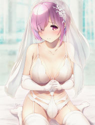 Rule 34 | 1girl, alternate costume, blurry, blurry background, blush, bra, breasts, bridal lingerie, bridal veil, bride, collarbone, commentary request, dermar, dress, fate/grand order, fate (series), garter straps, gloves, gluteal fold, hair over eyes, highres, large breasts, lingerie, looking at viewer, mash kyrielight, navel, own hands together, panties, parted lips, purple eyes, purple hair, sidelocks, signature, sitting, solo, thighhighs, underwear, veil, wariza, wedding dress, white bra, white panties, white thighhighs