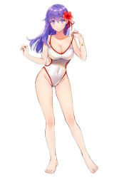 Rule 34 | 1girl, barefoot, bracelet, breasts, collarbone, competition swimsuit, contrapposto, covered navel, fate/stay night, fate (series), floating hair, flower, full body, hair ribbon, hibiscus, highleg, highleg swimsuit, ice (ice aptx), jewelry, large breasts, long hair, looking at viewer, matou sakura, off shoulder, one-piece swimsuit, parted lips, purple eyes, purple hair, red hair, red ribbon, ribbon, simple background, solo, standing, straight hair, swimsuit, white background, white one-piece swimsuit