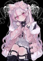 Rule 34 | 1girl, animal ears, apron, black background, black bow, black collar, black nails, blush, bow, cat ears, collar, feet out of frame, frills, fur trim, hair bow, hairband, head tilt, highres, holding, holding own hair, indie virtual youtuber, jacket, long hair, long sleeves, looking at viewer, maid apron, multicolored hair, nail polish, null1040, pink bow, pink eyes, pink hair, pink jacket, simple background, sitting, socks, solo, streaked hair, very long hair, white apron