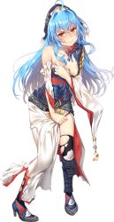 Rule 34 | 1girl, ahoge, bare shoulders, black legwear, blue hair, blush, breasts, cleavage, dress, full body, koga (oshiro project), looking at viewer, official art, oshiro project:re, oshiro project:re, red eyes, solo, standing, torn clothes, transparent background, yappen