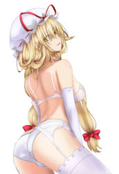 Rule 34 | 1girl, :q, ass, bad id, bad pixiv id, bare shoulders, blonde hair, blush, bow, bra, breasts, commentary request, cowboy shot, elbow gloves, from behind, garter belt, gloves, hair between eyes, hair bow, hat, hat ribbon, head tilt, long hair, looking at viewer, looking back, medium breasts, mob cap, panties, red bow, red ribbon, ribbon, simple background, smile, solo, thighhighs, thighs, tk31, tongue, tongue out, touhou, underwear, underwear only, very long hair, white background, white bra, white gloves, white hat, white panties, white thighhighs, yakumo yukari, yellow eyes