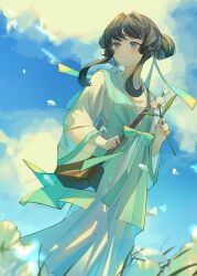 Rule 34 | 1girl, bag, black hair, blue sky, chinese clothes, closed mouth, cloud, day, dress, duijin ruqun, flower, green eyes, green ribbon, hair bun, hanfu, highres, holding, holding flower, lanxi zhen, li qingning (the legend of luoxiaohei), long sleeves, outdoors, petals, ribbon, sidelocks, sky, solo, standing, wanshan, white flower, wide sleeves