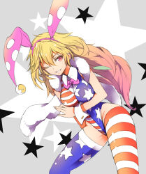 Rule 34 | 1girl, absurdres, american flag, american flag print, blonde hair, clownpiece, flag print, hat, highres, ichizen (o tori), jester cap, leotard, long hair, looking at viewer, one-hour drawing challenge, one eye closed, open mouth, playboy bunny, polka dot, red eyes, smile, solo, star (symbol), star print, striped clothes, touhou, very long hair