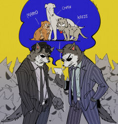 Rule 34 | 6+boys, absurdres, animalization, belt, black belt, black hair, chang bowen, character name, character request, cigarette, clenched teeth, commentary request, cowboy shot, dog, dog boy, endou yuuji, furrification, furry, furry male, grey jacket, grey necktie, grey pants, hand in pocket, highres, holding, holding cigarette, inudori, itou kaiji, jacket, kaiji, male focus, mario garcia, multiple boys, necktie, pants, pinstripe pattern, pinstripe shirt, sharp teeth, shirt, short hair, smoking, striped clothes, striped jacket, striped pants, sunglasses, teeth, vertical-striped clothes, vertical-striped jacket, vertical-striped pants, wolf boy, yellow background