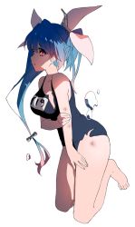 Rule 34 | 10s, 1girl, asaoka (0x0), bare shoulders, barefoot, blue hair, breasts, bubble, full body, hair ribbon, i-19 (kancolle), injury, kantai collection, kusumoto, large breasts, long hair, name tag, one-piece swimsuit, red eyes, ribbon, school swimsuit, simple background, solo, star-shaped pupils, star (symbol), swimsuit, symbol-shaped pupils, torn clothes, torn swimsuit, tri tails, twintails, white background