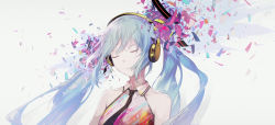 Rule 34 | 1girl, aqua hair, bare shoulders, black necktie, breaking, closed eyes, closed mouth, commentary, confetti, expressionless, facing viewer, hair ornament, hatsune miku, headphones, highres, kieed, long hair, multicolored shirt, necktie, shirt, sleeveless, sleeveless shirt, solo, symbol-only commentary, twintails, upper body, very long hair, vocaloid