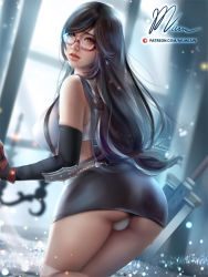 Rule 34 | 1girl, ass, bare shoulders, belt, black hair, black skirt, breasts, covered erect nipples, day, earrings, elbow gloves, final fantasy, final fantasy vii, from behind, glasses, gloves, hair between eyes, indoors, jewelry, kneeling, large breasts, leather skirt, lips, long hair, looking at viewer, looking back, miniskirt, mumeaw, open mouth, red eyes, red gloves, sidelocks, signature, sitting, skirt, solo, sword, t-back, thighhighs, thighs, tifa lockhart, underwear, upper body, weapon