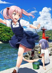 Rule 34 | 2girls, :d, alternate costume, blue dress, blue hair, blue shorts, blue sky, bracelet, bucket, casual, cloud, collared shirt, day, dress, fishing, fishing rod, floating hair, full body, grin, hair bobbles, hair ornament, hair ribbon, highres, holding, holding fishing rod, ichikawa feesu, jewelry, kantai collection, long hair, multiple girls, ooshio (kancolle), open mouth, outdoors, pinafore dress, pink eyes, pink hair, remodel (kantai collection), ribbon, running, sazanami (kancolle), shirt, shoes, short hair, short twintails, shorts, sitting, sky, sleeveless dress, smile, twintails, white footwear, white shirt