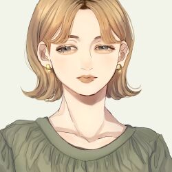 Rule 34 | 1girl, blonde hair, closed mouth, collarbone, commentary, earrings, eyelashes, green shirt, grey eyes, hair intakes, jewelry, lips, norimaki (seidan0611), original, shirt, short hair, solo, symbol-only commentary, upper body
