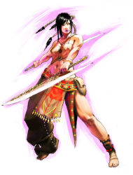 Rule 34 | 1girl, amazon warrior, artist request, bandeau, barefoot, black hair, blade, lips, lipstick, makeup, midriff, simple background, solo, strapless, tube top, weapon