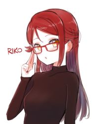 Rule 34 | 1girl, :o, adjusting eyewear, bespectacled, breasts, brown sweater, character name, deadnooodles, glasses, hair ornament, hairclip, long hair, long sleeves, looking at viewer, love live!, love live! sunshine!!, nail polish, open mouth, red-framed eyewear, red hair, red nails, sakurauchi riko, simple background, small breasts, solo, sweater, upper body, white background, yellow eyes