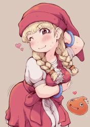 Rule 34 | 1girl, ;), blonde hair, blush, bow, bracelet, braid, breast hold, breasts, closed mouth, dragon quest, dragon quest xi, dress, hat, heart, ibukichi, jewelry, long hair, looking at viewer, medium breasts, motion lines, one eye closed, puffy sleeves, purple eyes, red hat, slime (dragon quest), smile, solo, sweat, twin braids, veronica (dq11), waist bow, wavy mouth