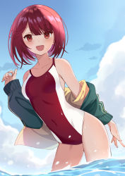 Rule 34 | 1girl, :d, absurdres, atelier (series), atelier sophie, blue sky, blush, breasts, clothes down, collarbone, competition swimsuit, covered navel, cowboy shot, day, green jacket, hair between eyes, highres, jacket, leaning forward, long sleeves, looking at viewer, medium hair, one-piece swimsuit, open clothes, open jacket, open mouth, outdoors, pillow (blackpirou), red eyes, red hair, red one-piece swimsuit, sky, small breasts, smile, solo, sophie neuenmuller, summer, swimsuit, wading