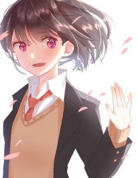Rule 34 | 1girl, backlighting, blazer, brown hair, brown sweater, cherry blossoms, collared shirt, fading, floating hair, graduation, hami yura, hand up, highres, jacket, looking at viewer, necktie, open clothes, open jacket, open mouth, original, petals, pink eyes, red necktie, school uniform, shirt, simple background, smile, solo, sweater, swept bangs, uniform, waving, white background, white shirt