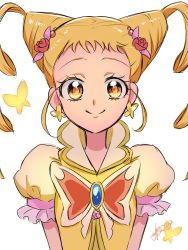 Rule 34 | 1girl, artist name, blonde hair, commentary request, cure lemonade, drill hair, drill sidelocks, earrings, eyelashes, flower, fpminnie1, hair flower, hair ornament, happy, highres, jewelry, kasugano urara (yes! precure 5), long hair, looking at viewer, magical girl, precure, puffy short sleeves, puffy sleeves, ribbon, shirt, short sleeves, sidelocks, signature, simple background, sketch, smile, solo, twintails, vest, white background, yellow eyes, yes! precure 5, yes! precure 5 gogo!