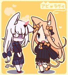 Rule 34 | 2girls, abigail williams (fate), animal ears, black bow, black dress, blonde hair, bloomers, blue eyes, blush, bow, breasts, cat ears, cat tail, dress, fang, fate/grand order, fate (series), forehead, hair bow, horns, lavinia whateley (fate), long hair, long sleeves, looking at viewer, multiple girls, multiple hair bows, open mouth, orange bow, pale skin, parted bangs, polka dot, polka dot bow, purple eyes, ribbed dress, single horn, sleeves past fingers, sleeves past wrists, small breasts, smile, tail, underwear, white bloomers, white hair, wide-eyed, yellow background, yoru nai