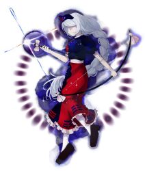Rule 34 | 1girl, arrow (projectile), black footwear, blue dress, blue headwear, bow (weapon), braid, braided ponytail, closed eyes, commentary request, constellation print, dress, full body, grey hair, highres, holding, holding bow (weapon), holding weapon, korean commentary, long hair, momobamb, red dress, simple background, socks, solo, touhou, trigram, two-tone dress, very long hair, weapon, white background, white socks, yagokoro eirin