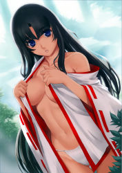 Rule 34 | 1girl, absurdres, bare shoulders, black hair, blue eyes, breasts, eiwa, fundoshi, highres, japanese clothes, lips, long hair, miko, panties, queen&#039;s blade, solo, tomoe (queen&#039;s blade), underwear, undressing