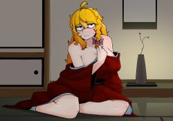 Rule 34 | 1girl, ahoge, alternate costume, black eyes, blonde hair, blush, bow, breasts, closed mouth, commentary request, cookie (touhou), full body, hair between eyes, hair bow, highres, indoors, japanese clothes, kimono, kirisame marisa, large breasts, long hair, looking to the side, mars (cookie), off shoulder, ohasi, purple bow, red kimono, second-party source, sitting, solo, tatami, touhou, wavy mouth, yokozuwari