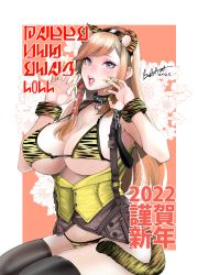 Rule 34 | 2022, animal ears, animal print, artist name, bell, bikini, black thighhighs, blue eyes, breasts, breasts out, brown hair, chinese zodiac, collar, eyelashes, fake animal ears, final fantasy, final fantasy xiv, fingernails, flower, happy new year, highres, jingle bell, large breasts, long fingernails, long hair, looking at viewer, nail polish, neck bell, new year, ooshima ryou, open clothes, open mouth, open shirt, print bikini, ryne waters, shirt, signature, single sidelock, solo, suspenders, swimsuit, tail, thighhighs, tiger ears, tiger print, tiger tail, wrist cuffs, year of the tiger, yellow nails, yellow shirt