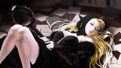 Rule 34 | 1girl, bare shoulders, black dress, black headwear, black hood, blonde hair, blurry, book, book stack, breasts, cross-laced clothes, depth of field, detached hood, detached sleeves, dress, dungeon meshi, ear covers, elf, feet out of frame, fur-trimmed dress, fur trim, green eyes, highres, holding, holding staff, hood, hood up, knees up, korean commentary, lace-trimmed headwear, lace trim, light particles, long hair, looking at viewer, lying, marcille donato, marcille donato (lord), medium breasts, on back, on floor, paper, parted lips, pointy ears, red lips, sleeves past wrists, solo, soom s00m, sprout, staff, twitter username, wooden floor