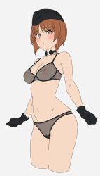 Rule 34 | 1girl, black gloves, blush, breasts, brown eyes, brown hair, cleavage, collarbone, commentary, covered erect nipples, girls und panzer, gloves, grey background, highres, medium breasts, navel, nipples, nishizumi miho, onsen tamago (hs egg), open mouth, pussy, pussy peek, see-through panties, simple background, solo, stomach, thighs, throat microphone