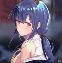 Rule 34 | 1girl, arknights, bare shoulders, blue hair, blurry, blurry background, blush, breasts, ch&#039;en (arknights), commentary request, dragon horns, hair between eyes, highres, horns, long hair, looking at viewer, medium breasts, necktie, red eyes, shirt, sidelocks, solo, team moka, upper body, white shirt, yellow necktie