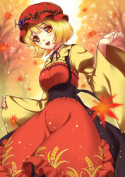Rule 34 | 1girl, aki minoriko, autumn leaves, blush, breasts, choker, dress, food, fruit, grapes, hat, highres, leaf, long sleeves, looking at viewer, maple leaf, nonbei, open mouth, orange eyes, short hair, smile, solo, touhou, wide sleeves