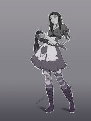 Rule 34 | 1girl, alice (alice in wonderland), alice in wonderland, alice liddell (american mcgee&#039;s alice), american mcgee&#039;s alice, apron, black hair, boots, dress, highres, knife, stitches, striped clothes, striped thighhighs, thighhighs, zombie