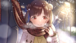 Rule 34 | 1boy, 1girl, blush, breath, brown hair, brown scarf, coat, double bun, hair bun, highres, idolmaster, idolmaster shiny colors, kosui (zzhd4372), lamppost, outdoors, plaid, plaid scarf, scarf, shared clothes, shared scarf, sideways glance, smile, snow, snowing, solo focus, sonoda chiyoko, twintails, upper body, white coat
