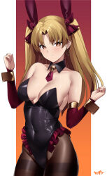 Rule 34 | 1girl, absurdres, animal ears, black leotard, blonde hair, breasts, brown pantyhose, cleavage, collarbone, covered navel, detached collar, detached sleeves, earrings, ereshkigal (fate), fake animal ears, fate/grand order, fate (series), hair ribbon, highleg, highleg leotard, highres, hoop earrings, jewelry, kurozawa yui, leotard, long hair, looking at viewer, medium breasts, necktie, pantyhose, parted bangs, playboy bunny, rabbit ears, red eyes, ribbon, skull, solo, thighband pantyhose, two side up, wrist cuffs