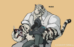 Rule 34 | ..., 2boys, absurdres, animal ears, arknights, artist request, bara, blush, book, collared shirt, coughing, doctor (arknights), facial hair, feet out of frame, furry, furry male, goatee, highres, holding, holding book, jewelry, large hands, male doctor (arknights), male focus, manga (object), mountain (arknights), mountain (book reader) (arknights), multiple boys, muscular, muscular male, official alternate costume, pants, reading, ring, scar, scar across eye, scar on arm, shirt, short hair, shy, sitting, sitting on lap, sitting on person, size difference, tail, thick arms, thick eyebrows, tiger boy, tiger ears, tiger tail, white hair, white pants, yaoi