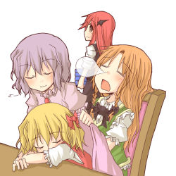 Rule 34 | 4girls, bat wings, blanket, blonde hair, blush, book, bow, braid, brown hair, bubble, chair, china dress, chinese clothes, covering with blanket, dress, closed eyes, female focus, flandre scarlet, hair bow, head rest, head wings, hong meiling, koakuma, long hair, looking back, multiple girls, natsuk, no headwear, no headwear, nose bubble, orange hair, purple hair, red eyes, red hair, remilia scarlet, short hair, sigh, sitting, sitting on lap, sitting on person, sleeping, smile, embodiment of scarlet devil, touhou, twin braids, wings